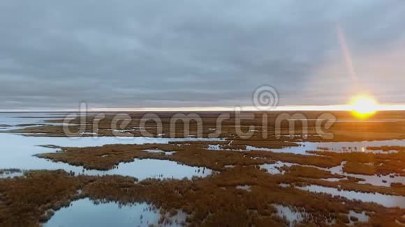 无人机照相机拍摄地平线上长满了湖水和日落加拿大马尼托巴省北湖视频的预览图