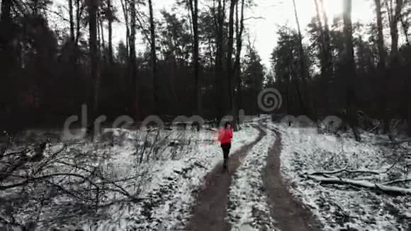 女性在森林里奔跑年轻有动力的女人穿着橙色夹克在冬季公园跑步健身运动运动员训练训练视频的预览图
