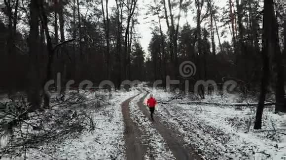女人在森林里奔跑年轻迷人的女性在公园慢跑穿着橙色夹克的女孩在冬季公园跑步跑径概念视频的预览图