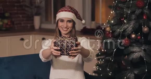 戴着圣诞帽的美丽白种人妇女坐在装饰的圣诞家庭背景中的画像视频的预览图