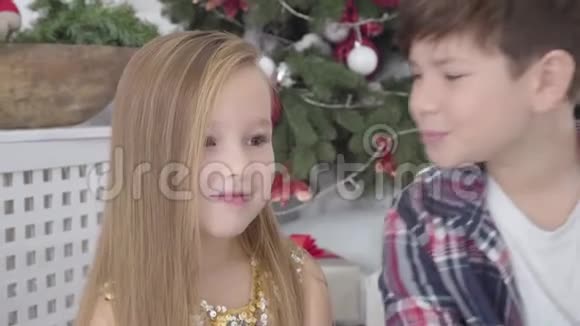害羞的白种人小女孩的特写脸坐在新年树下可爱的男孩亲吻她的脸颊圣诞节前夕视频的预览图