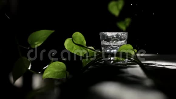 在一个透明的玻璃里滴着水滴溅散在不同的方向有水的玻璃矗立在塔布上视频的预览图