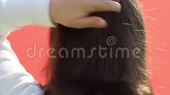 女性手抓发头后视粉红色背景视频的预览图
