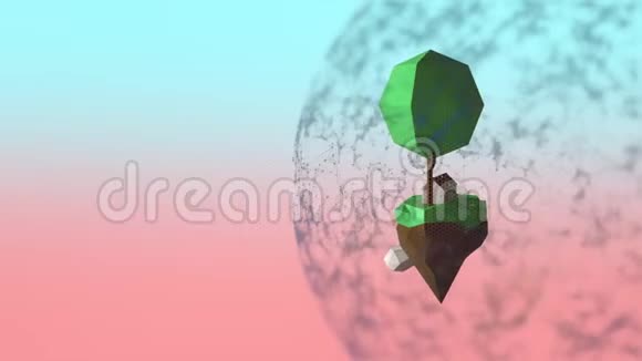 3D生成了迷你世界树下有小房子漂浮在梦幻的空间里视频的预览图