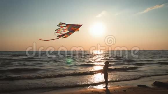 快乐的小女孩在晴天玩风筝小可爱的孩子在热带玩五颜六色的风筝视频的预览图