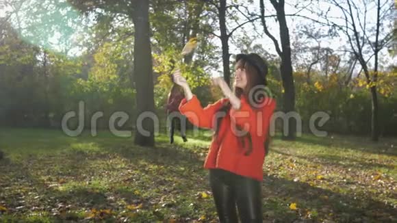 欢乐的相遇迷人的微笑的女朋友一起散步看秋天的落叶视频的预览图
