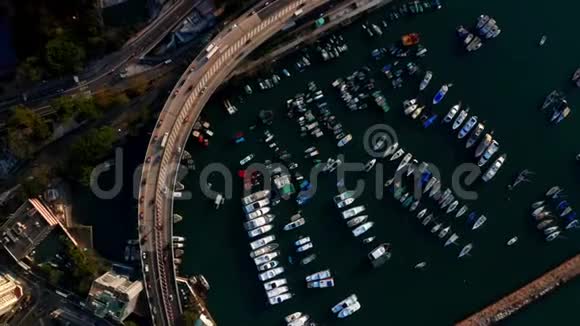 香港铜锣湾避风塘停泊游艇及船只鸟瞰图视频的预览图