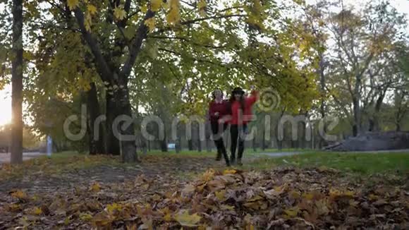 秋天的娱乐活动笑着笑着的年轻女人玩得开心牵着手散着黄色的落叶脚视频的预览图