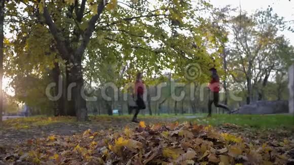 快乐的女性朋友紧紧地抓着手朝对方跑去散落着一堆落叶玩得很开心视频的预览图