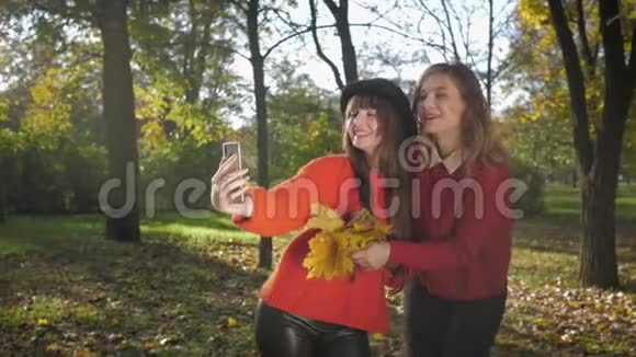 秋天的季节美丽微笑的年轻女性朋友在手机上自拍手里捧着一束黄叶视频的预览图