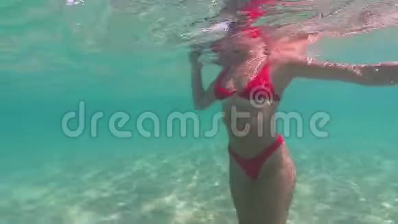 穿比基尼的水下女人用气泡慢动作游泳水下妇女缓慢地在海上游泳视频的预览图
