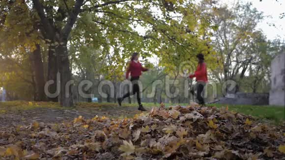 友谊两个美丽的微笑的女朋友牵着手在秋天的公园里扔树叶视频的预览图