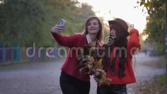 女孩在公园美丽的年轻妇女的肖像摆着自拍在秋天的公园里落叶视频的预览图
