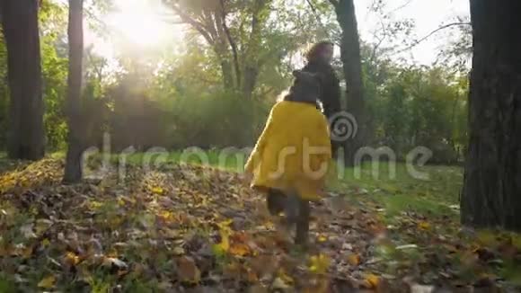 一个快乐的母亲和一个迷人的女孩子在秋天的公园里玩耍视频的预览图