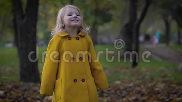 快乐的童年一个可爱的女孩的肖像在秋天的公园里玩得开心在户外放松视频的预览图