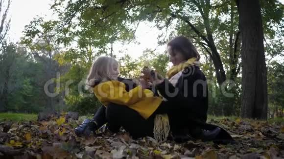 母亲般的关怀年轻的母亲紧紧地抱着她心爱的快乐女儿坐在长满树叶的草坪上视频的预览图