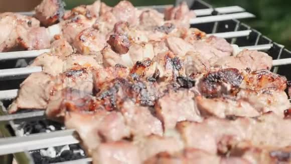 叉烧肉收起来烧烤时烤猪肉片户外煮肉烹饪工艺视频的预览图