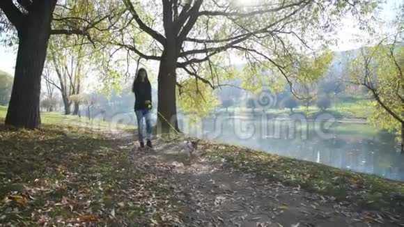 少年带着狗走在湖畔对抗着喉咙的天空视频的预览图