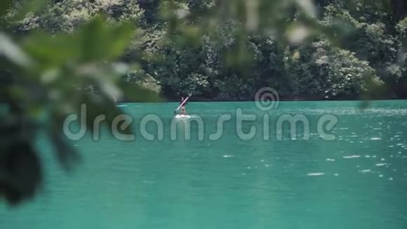 年轻女子跪在站起来的桨板上享受在泻湖中划桨的乐趣视频的预览图