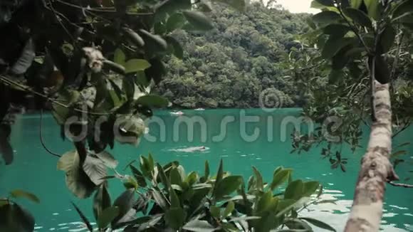 令人惊叹的绿色泻湖景观与游客享受皮划艇和游泳视频的预览图