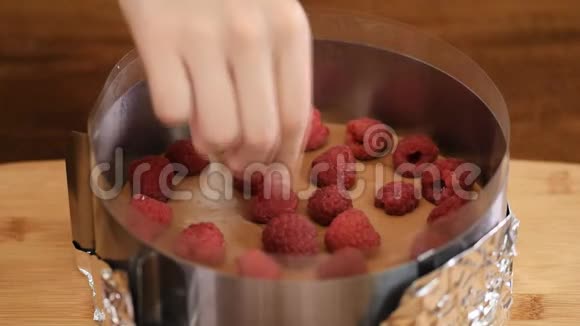 糕点厨师用果冻做树莓奶油蛋糕特写视频的预览图