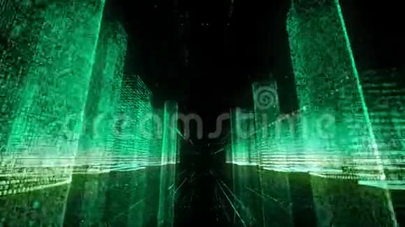 明亮的霓虹灯线框抽象的现代数字城市中心与摩天大楼由绿色符号在黑色视频的预览图