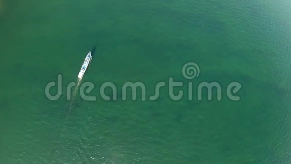 水面俯视的空中景观白船在绿水上航行视频的预览图