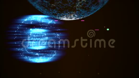 两个抽象行星的照明表面上有丛网活跃的彩色天体围绕飞行视频的预览图