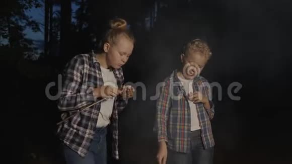 孩子们在森林徒步旅行中吃木棍上的棉花糖少女和少年吃棉花糖森林视频的预览图
