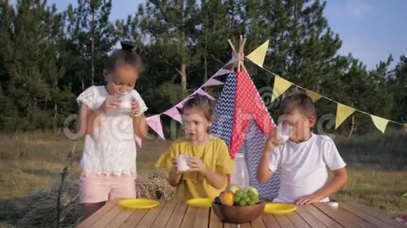 可爱的女孩和有趣的男孩手里拿着眼镜在野餐时喝牛奶视频的预览图
