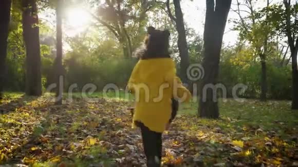 家庭幸福年轻漂亮的妈妈和她美丽的小女儿在秋天公园的小路上跑步户外视频的预览图
