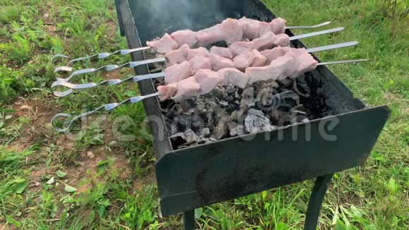 在花园后院的烧烤炉上准备的肉串那里的烟和热视频的预览图