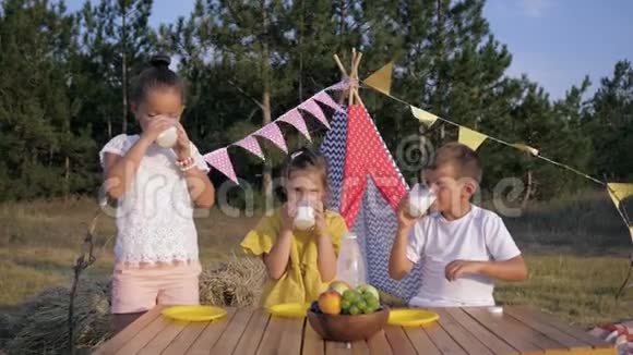 孩子们解渴快乐的孩子们在森林里野餐时喝着一杯牛奶在度假的背景下视频的预览图