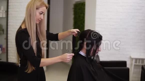 金发美发师拿着剪刀和梳子分享客户的湿发为完美的头发切割青年视频的预览图