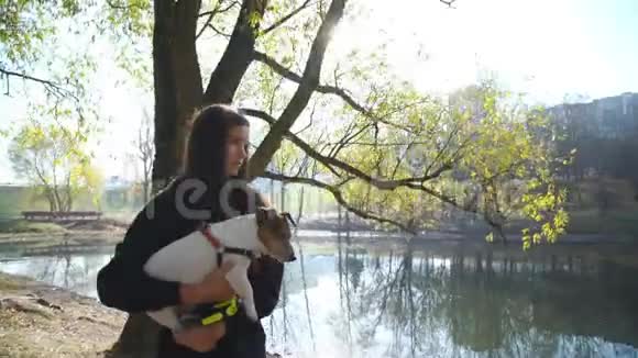 女孩走在湖畔抱着宠物迎着阳光视频的预览图