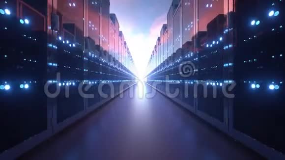 蓝天背景下网络服务器机器农场云计算硬件的三维渲染视频的预览图