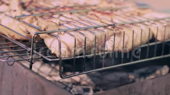 春天是野餐和烧烤的时候了在新鲜空气中烹煮烤鸡肉令人兴奋的烤面包视频的预览图