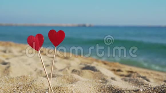 在大海和蓝天的背景上两颗心在一根棍子上视频的预览图