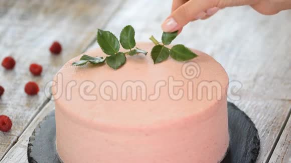 糖果师用玫瑰装饰粉红色蛋糕系列视频的预览图
