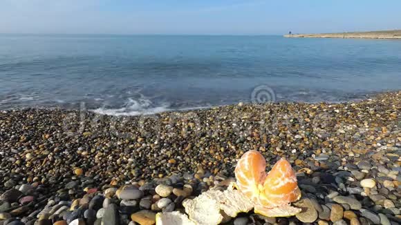 橙色躺在海边的卵石滩上视频的预览图