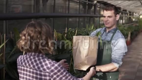 积极向上高大上的推销员穿着绿色围裙在温室市场上给顾客送新鲜蔬菜微笑的男人视频的预览图