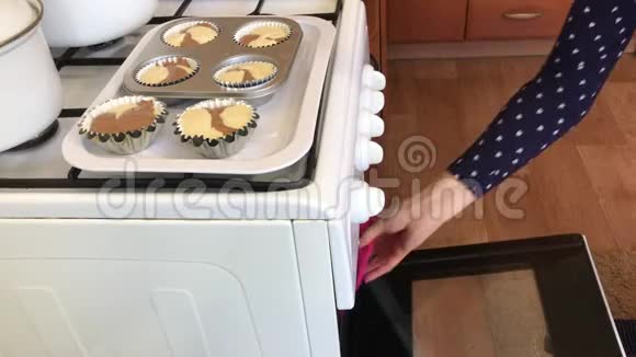 女人把面团放进烤箱里烤松饼做大理石蛋糕视频的预览图