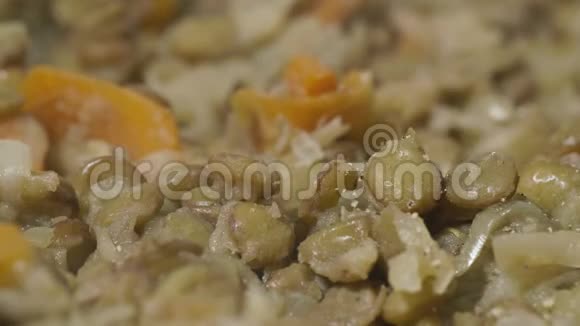 厨师用平底锅中的抹刀撒上香料扁豆胡萝卜和洋葱视频的预览图