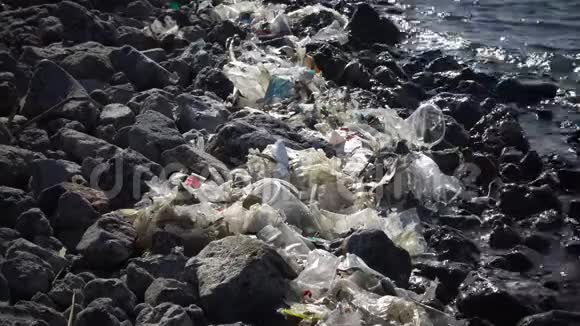 塑料垃圾生态的海洋把聚乙烯垃圾分解在岸上漂浮在水中污染海洋杀死视频的预览图