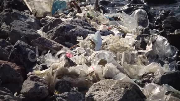 塑料垃圾生态的海洋把聚乙烯垃圾倒在岸上漂浮在水中污染海洋杀死视频的预览图