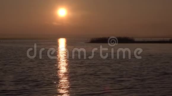 离焦湖面上的日出水中太阳的红光反射乌克兰提利格尔斯基河口视频的预览图