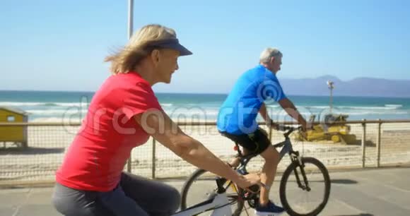 活跃的高加索夫妇在海滩的长廊上骑自行车的侧面景色视频的预览图