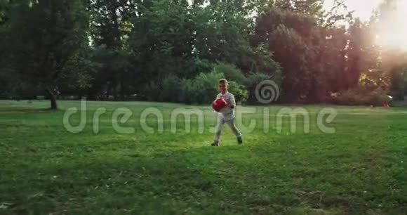 漂亮的5岁男孩带着红色的球跑过绿色的大公园笑得很迷人视频的预览图
