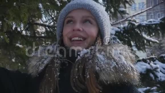 冬天的城市公园里一个可爱的年轻女子的肖像在松枝的背景下颤抖着雪视频的预览图