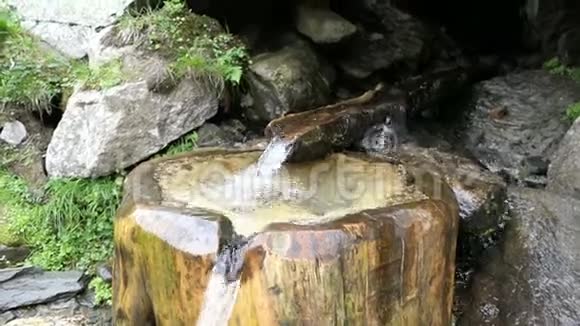 奥地利高山的木制喷泉传统的树干春天视频的预览图